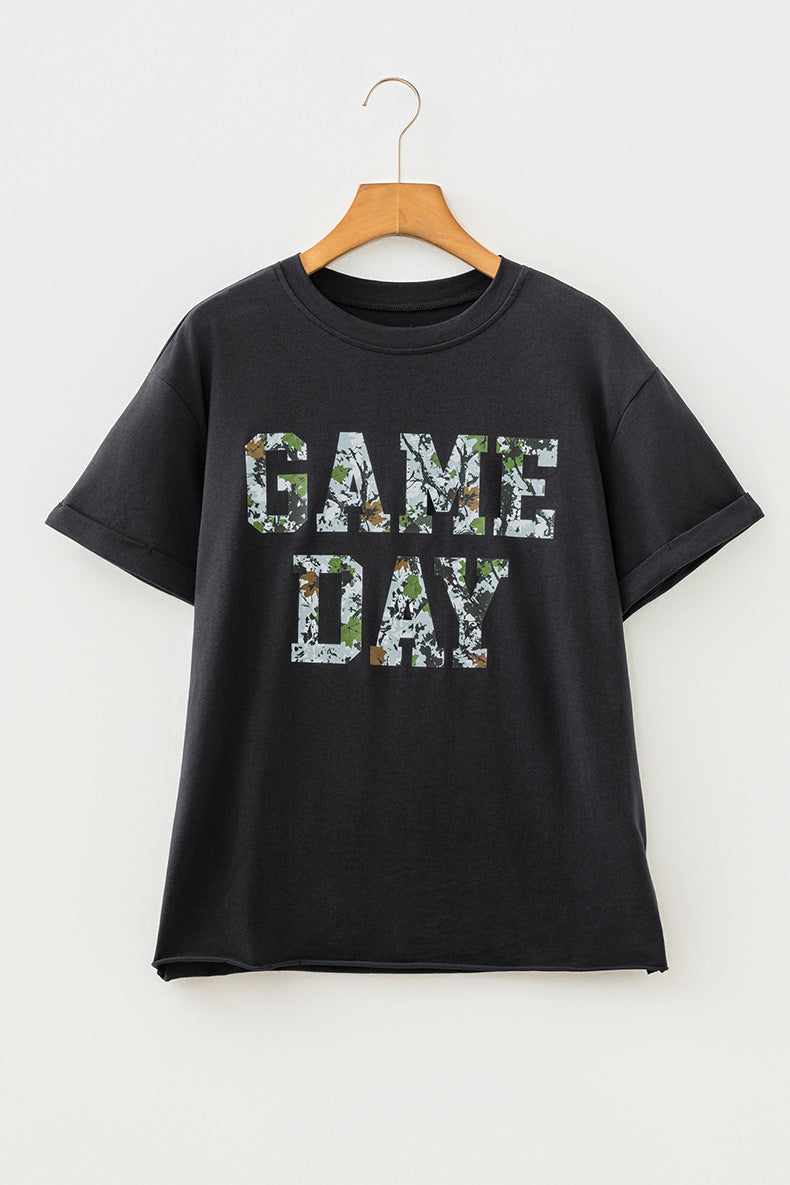 Black Game Day Camo Letter Print Round Neck Casual T Shirt