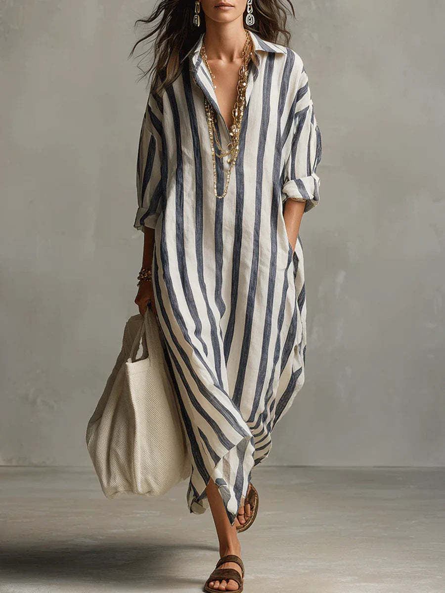 Stylish Long Striped Cardigan-Style Dress for Women