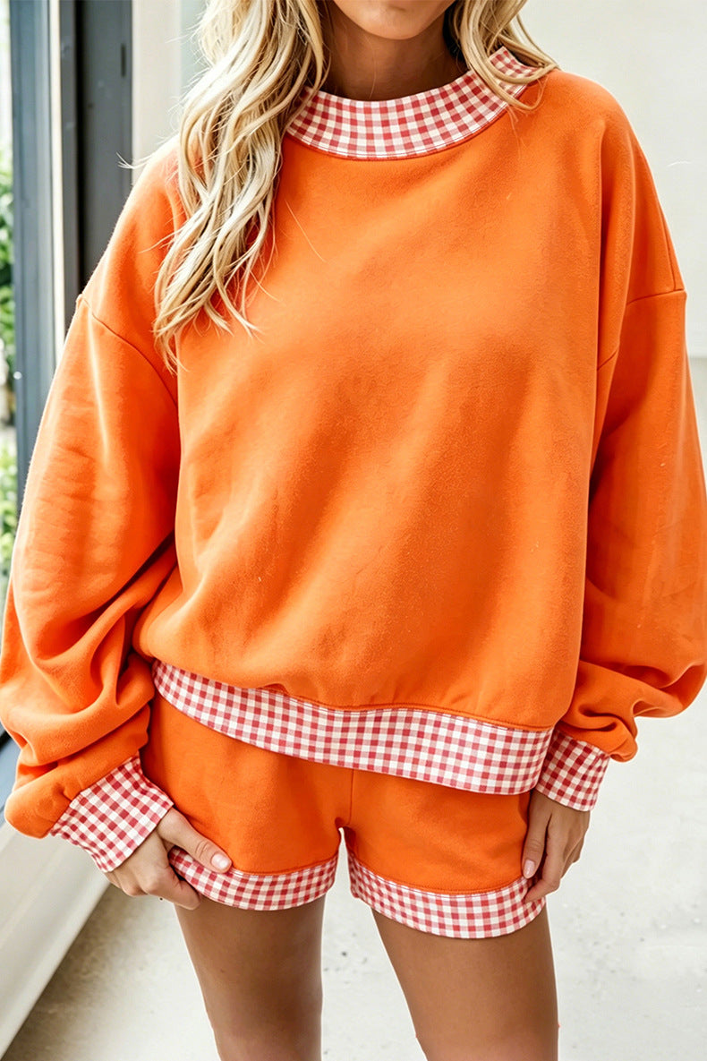 Gingham Trim Baggy Pullover 2pcs Short Set