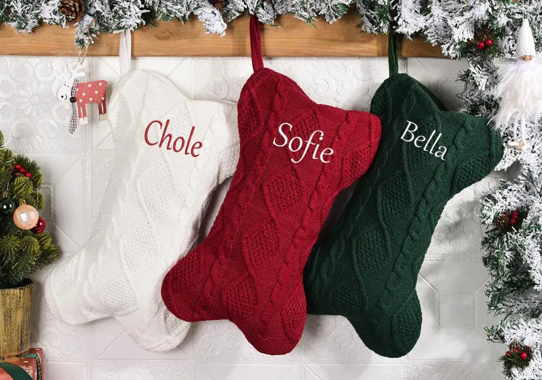 Custom Dog Bone Cable-Knit Christmas Stockings