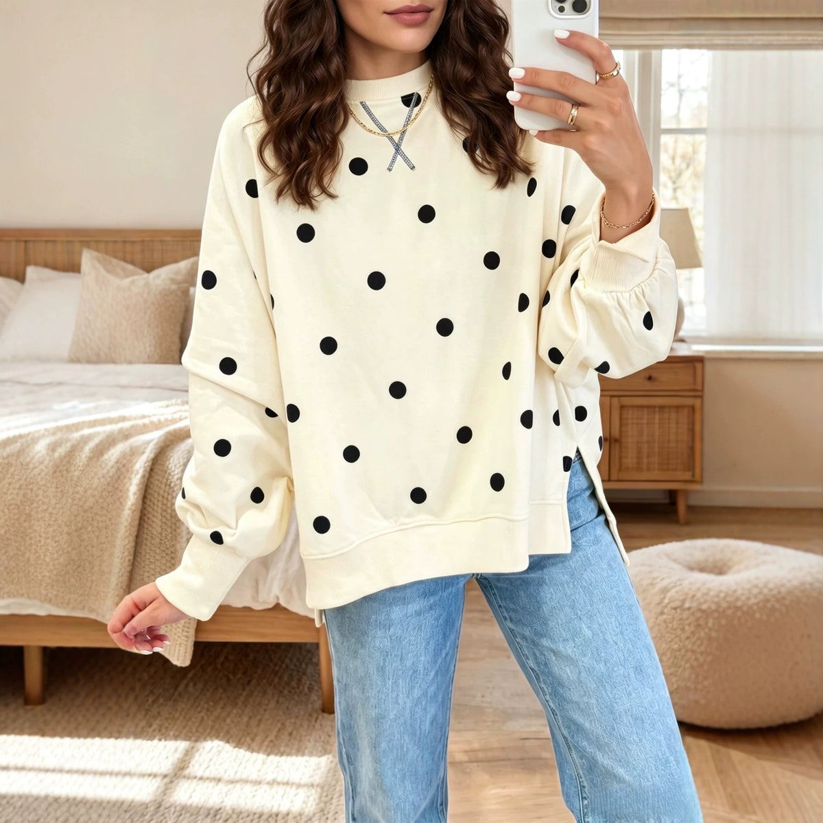 Oversized Color-Block Polka-Dot Print Pullover Sweatshirt