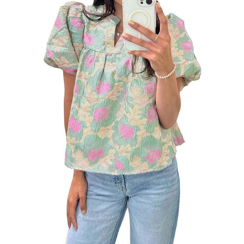 Short Bubble Sleeve Summer Floral Blouse