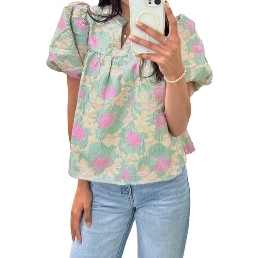 Short Bubble Sleeve Summer Floral Blouse