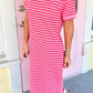 Rose Stripe Striped Short Sleeve Scalloped Trim Side Slit T-Shirt Dress