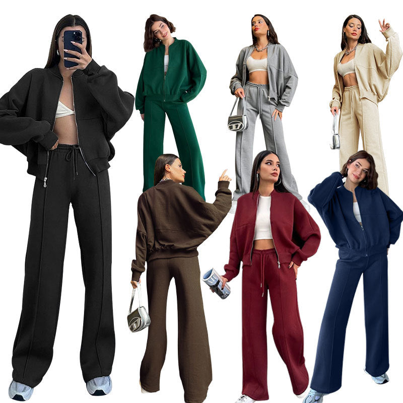 Women's Zippered Cardigan Sweatshirt and Straight Pants Suit