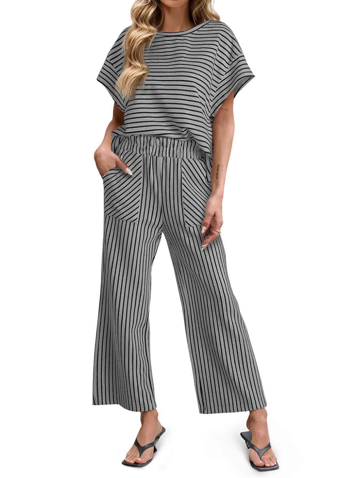 Stripe Round Neck Tee and Pant Set