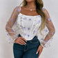 Floral Embroidery Off Shoulder Lantern Sleeve Curved Hem Top