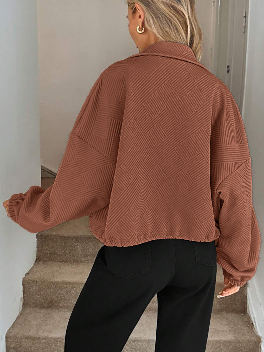 Chic Geometric Textured Zip Up Jacket