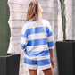 Stripe Half Zipper Placket Bracelet Sleeve Top Casual Shorts Set