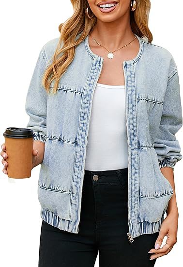 Women's Light Blue Round Neck Zipper Denim Jacket