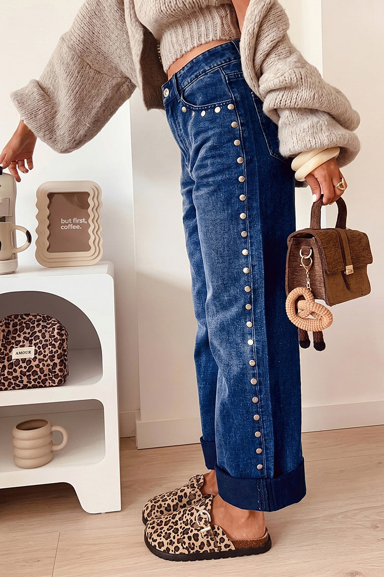 Studded Detail Straight Leg Casual Loose Jeans