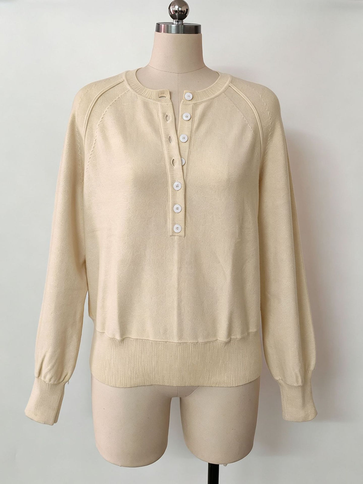 Crew Neck Button Front Knit Pullover