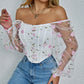 Floral Embroidery Off Shoulder Lantern Sleeve Curved Hem Top