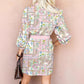Pink Boho Floral Print Color Block Trim Half Button Belted Mini Dress
