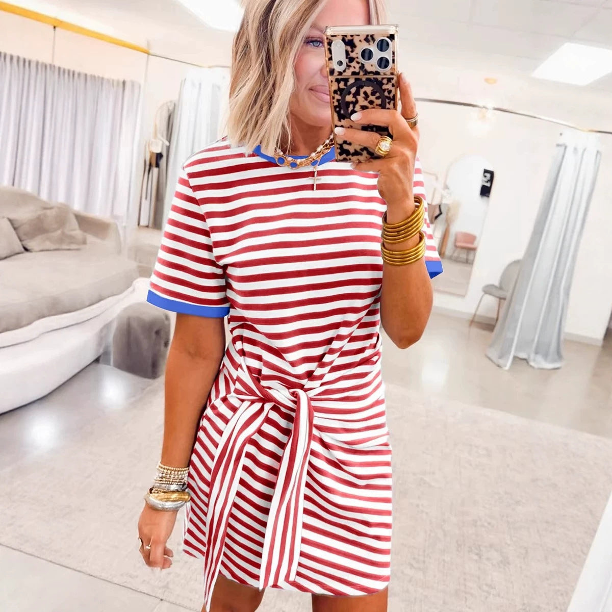 Nautical Tie Contrast Trim Round Neck T Shirt Mini Dress