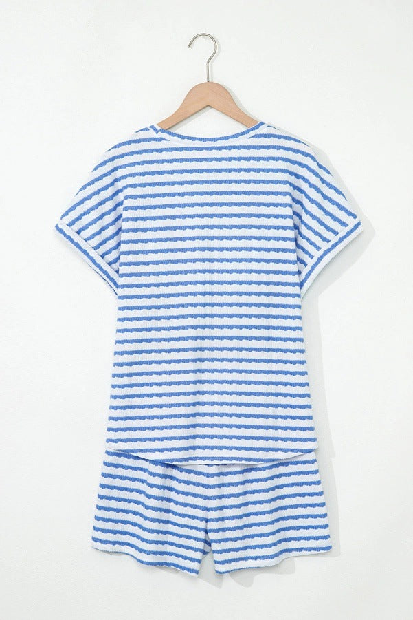 Stripe Knitted Short Sleeve Top and Drawstring Shorts Set