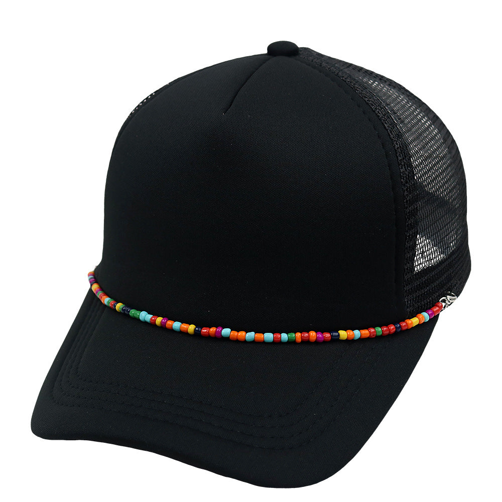 Multicolor Beaded Band Black Trucker Hat