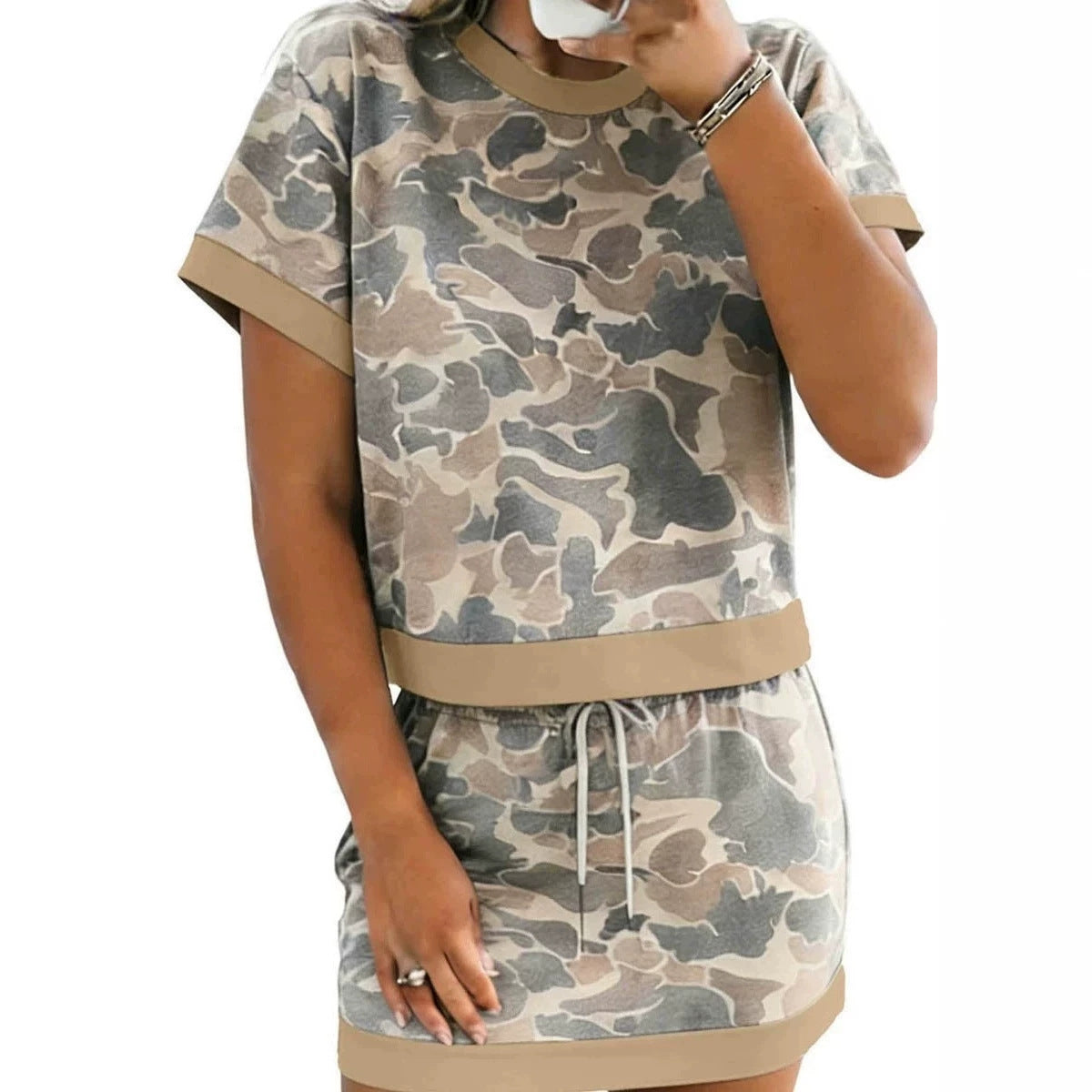 Retro Camouflage Color Block Trim Skort 2pcs Outfit