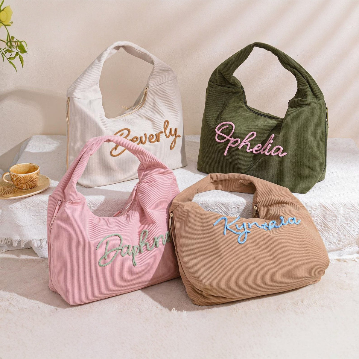 Personalized Corduroy Hobo Shoulder Bag Custom Name Embroidery Tote