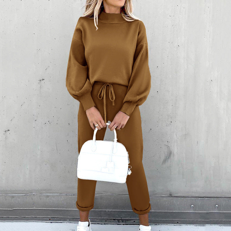 Solid Color High Collar Casual Top+pants Two-piece Set