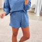 Blue Stripe Drop Shoulder Long Sleeve Pullover Elastic Waist Casual Short Set