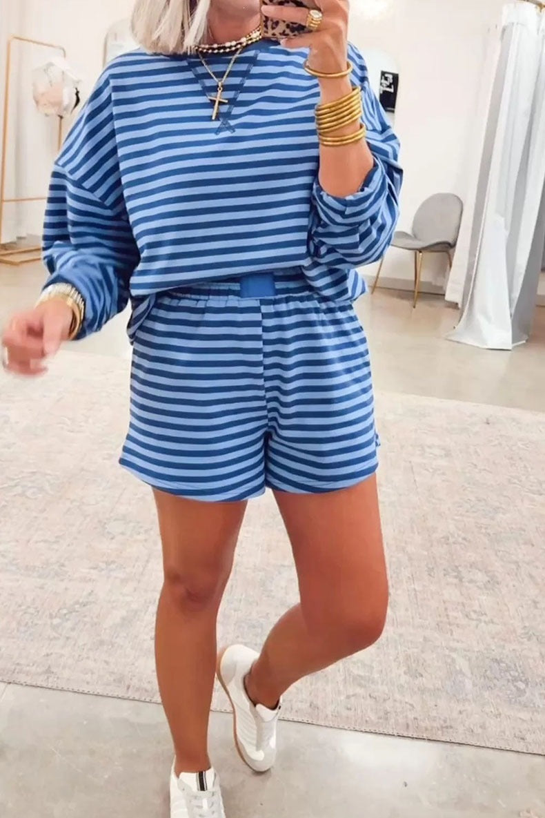 Blue Stripe Drop Shoulder Long Sleeve Pullover Elastic Waist Casual Short Set