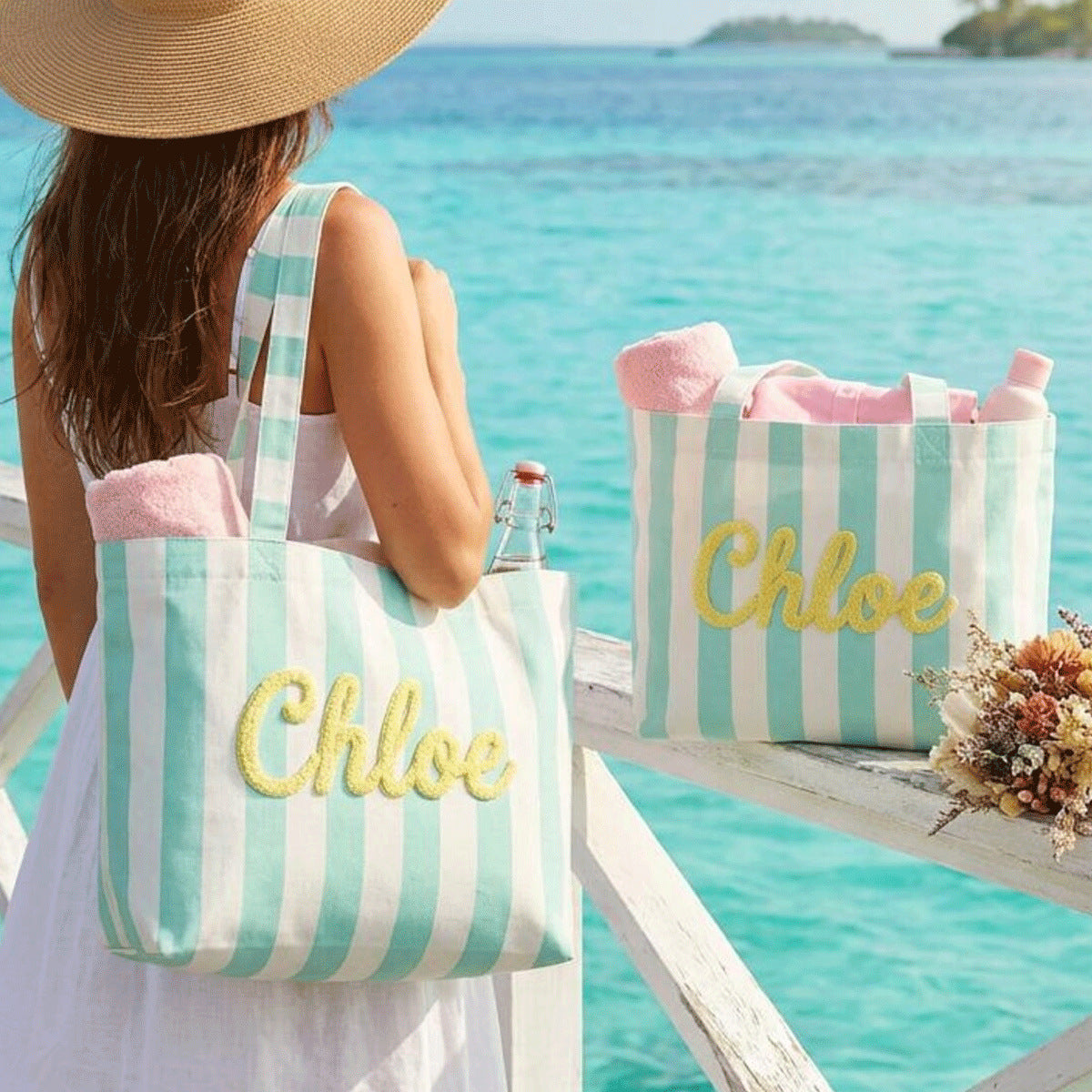 Custom Striped Tote Bag – Hand-Embroidered