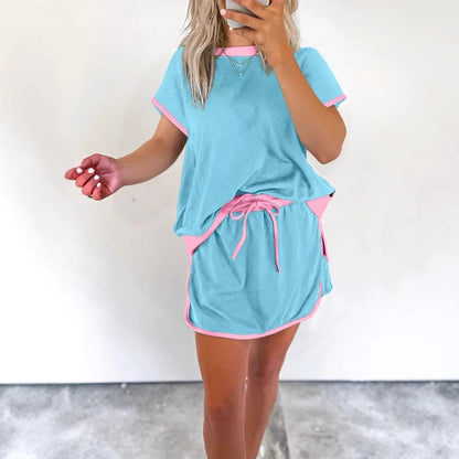 2Pcs Set Colorblock Edge Drop Shoulder T Shirt and Skirt