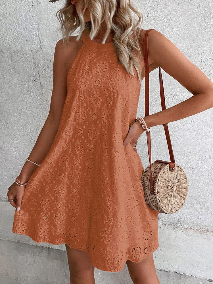 Boho Eyelet Pattern Halter Neck Sleeveless Dress