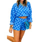 Dark Blue Plaid Checkered Long Sleeve Crop Top Elastic Waist Shorts Two Piece Set