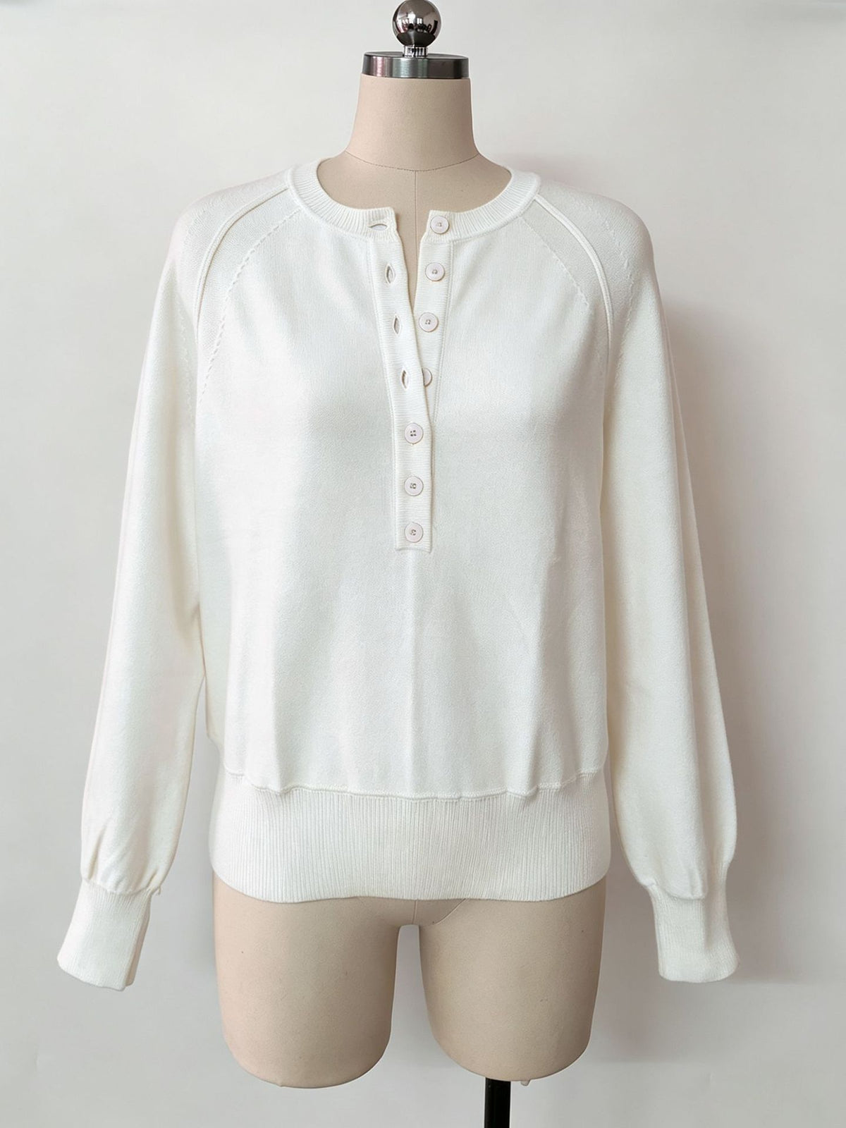 Crew Neck Button Front Knit Pullover