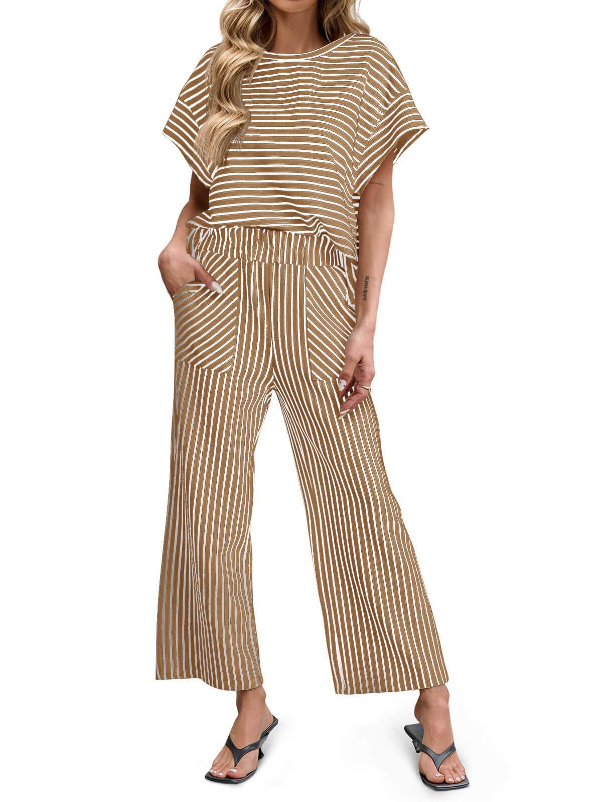 Stripe Round Neck Tee and Pant Set