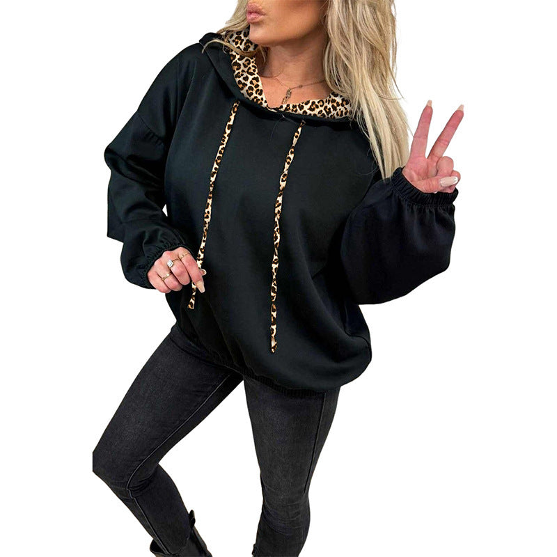 Elastic Cuffs Leopard Contrast Drawstring Hoodie