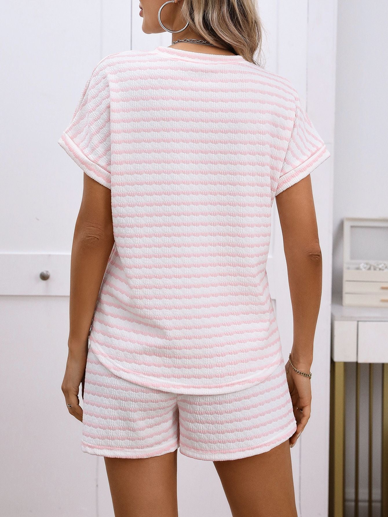 Stripe Knitted Short Sleeve Top and Drawstring Shorts Set