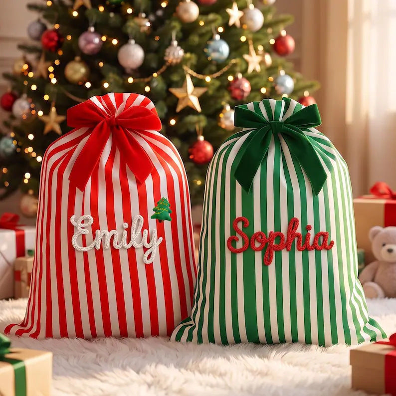 Custom Personalized Striped Christmas Drawstring Gift Sack