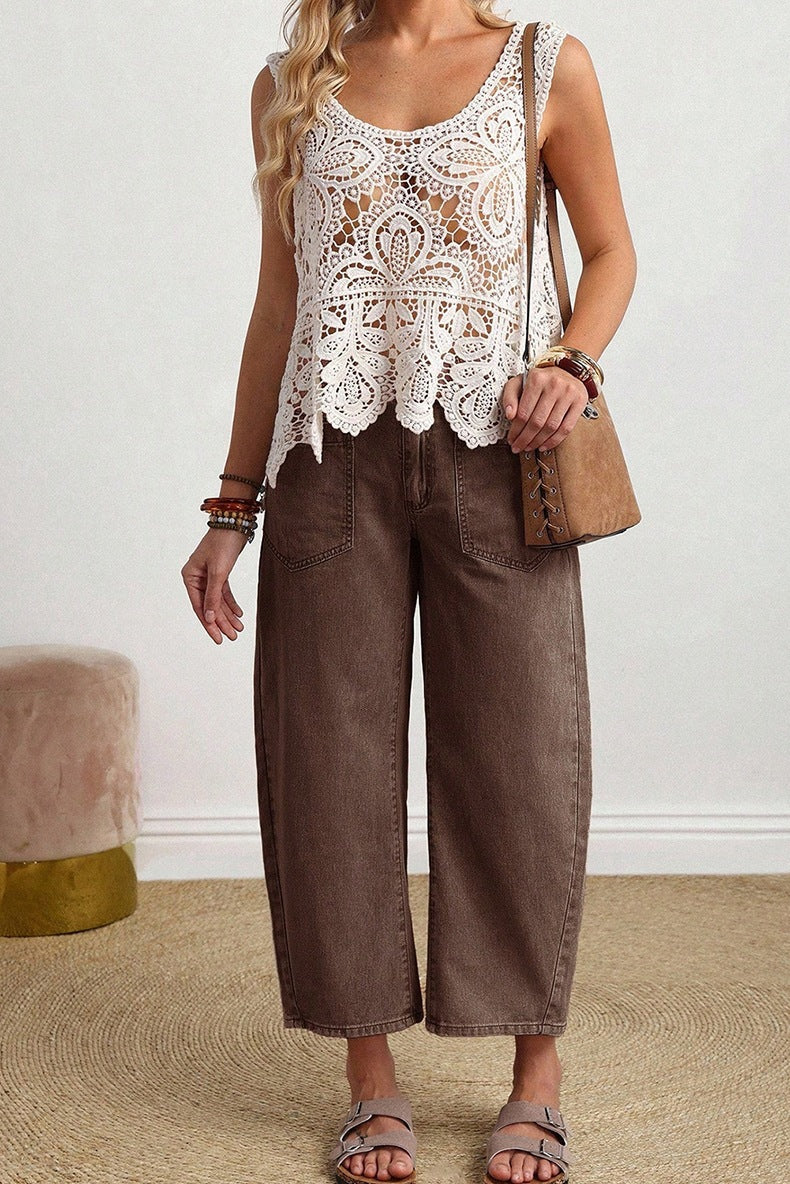 Square Patch Pocket Ankle-length Barrel Jeans