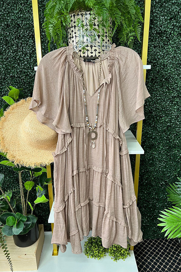 V-neck Ruffle Sleeves Pleated Dress