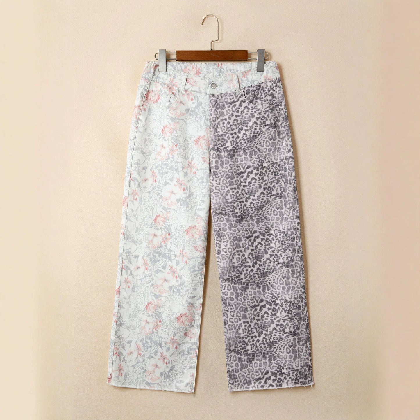 Multicolour Retro Floral Leopard Contrast Patchwork Raw Hem Jeans
