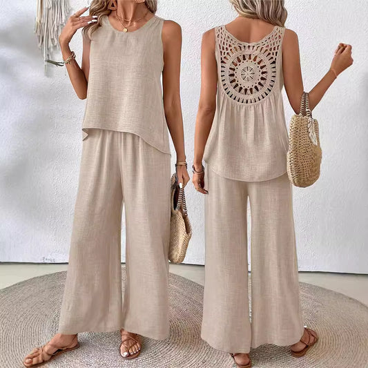 Hollow Lace Fashion Casual Vest Wide Leg Pants