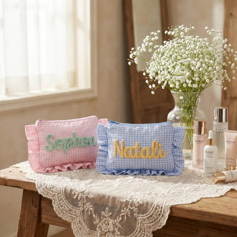 Customizable Text Floral & Plaid Zippered Makeup Bag