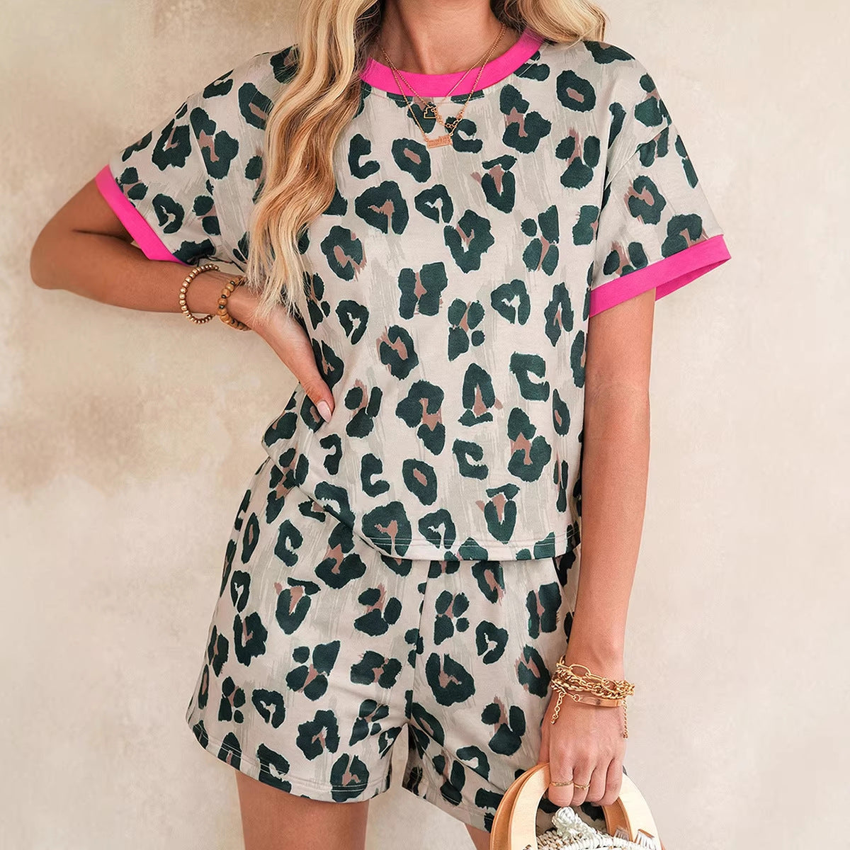 Brown Unique Leopard Print Contrast Trim Top Loose 2pcs Short Set