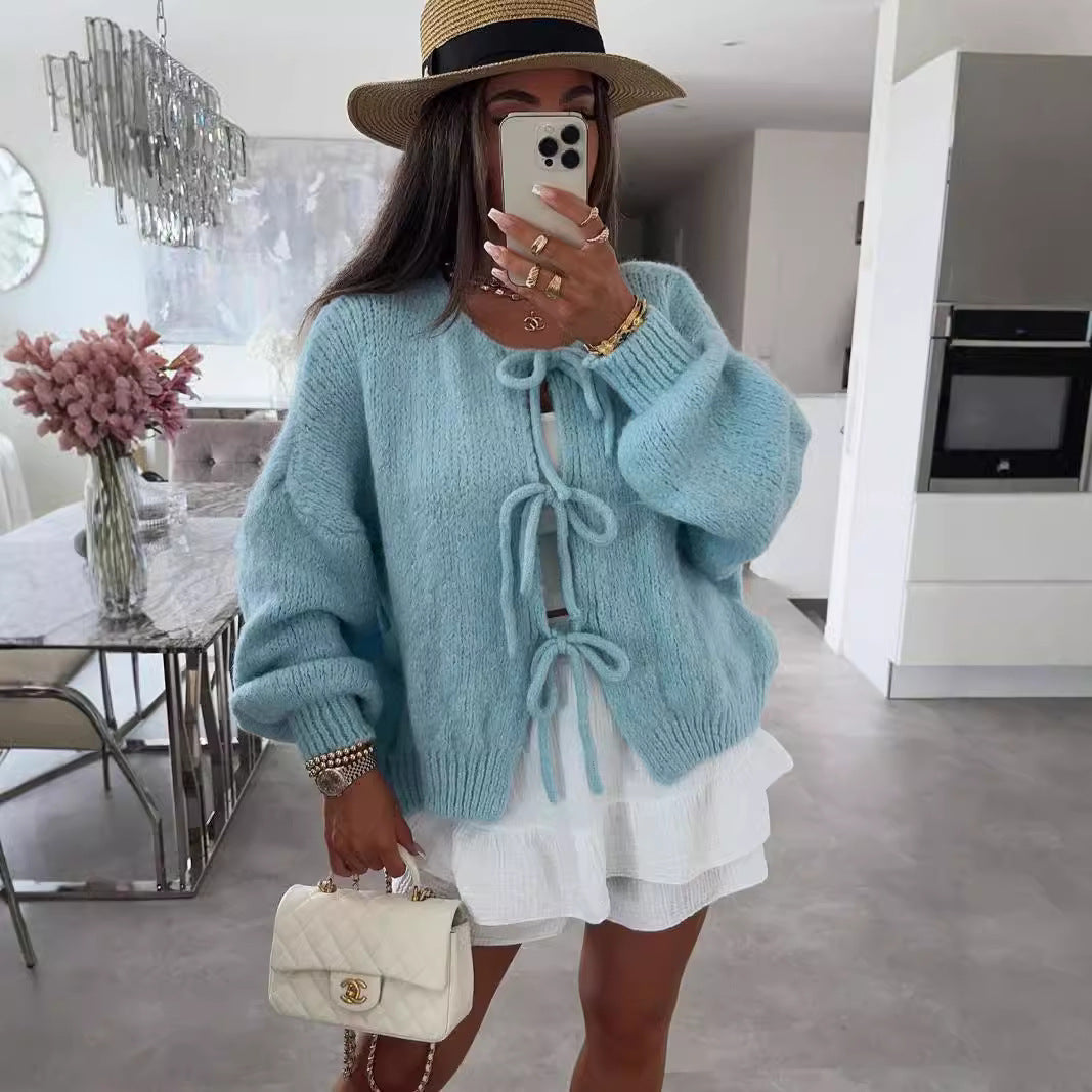 Women's Round Neck Lace-up Knitted Cardigan Sweater