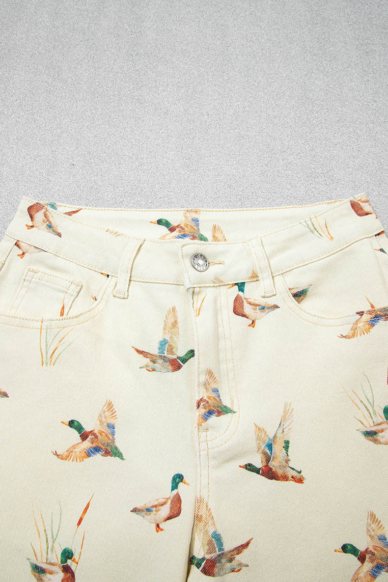 Beige Stylish Mallard Printed Cuffed Hem Shift Jeans