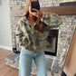 Green Western Print Fleece Pullover Long Sleeve Casual Fit Sweatshirt