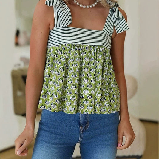 Green Fashion Printed Knot Straps Babydoll Tank Top