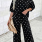 Beige Polka Dot Half Sleeve Loose Top Elastic Waist Casual Pants Set