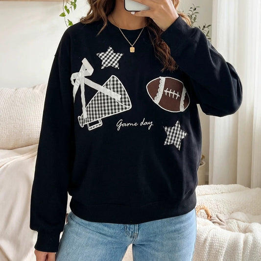 Black Gingham Patch Embroidered Rugby Game Day Stars Sweatshirt