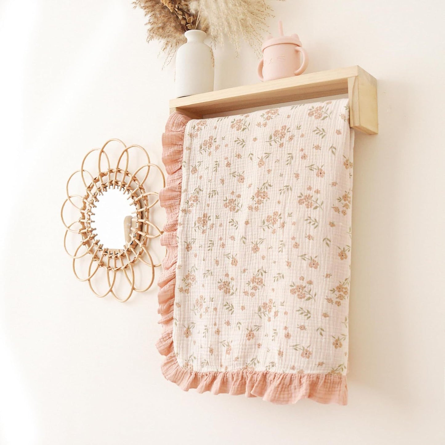 Custom Embroidered Floral Muslin Baby Blanket with Ruffled Trim