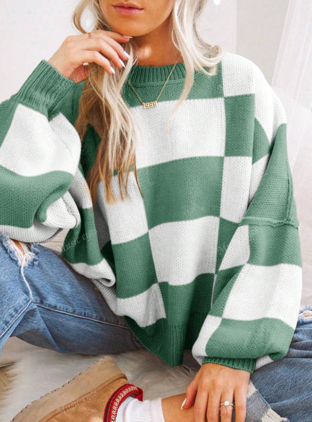 Women's Plus-Size Loose-Fit Color-Block Long-Sleeve Crew-Neck Knit Sweater