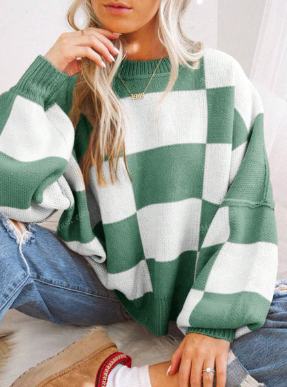 Women's Plus-Size Loose-Fit Color-Block Long-Sleeve Crew-Neck Knit Sweater